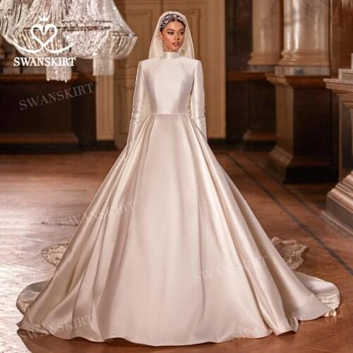 Vintage Long Sleeve Wedding Dress 2021 With Pockets Satin A-Line Princess Vestido De Novia SwanSarah M101 Plus Size Bridal Gown