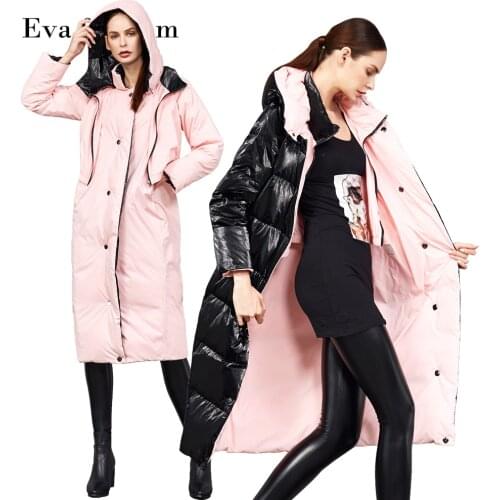 Womens Longer Warm Both Sides Wear Duck Down Coat Fashion Glossy Shiny Hooded Down Jacket Female Thicker Warm Down Coat wq2471