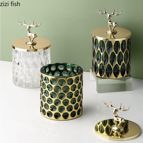 Relief Rhombus Glass Storage Jar with Lid Golden Deer Decorative Candy Pot Crystal Jar Cosmetic Containers Jewelry Organizer Box