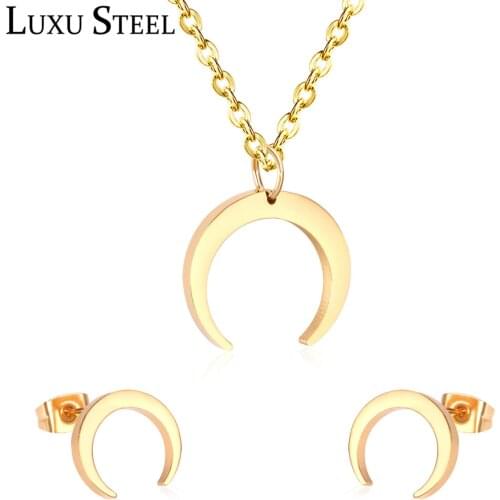 LUXUSTEEL Collars Mujer 2020 Stainless Steel Moon Pendant Necklace Earrings Brinco Gold Color Womne Chains Necklace Party Gift