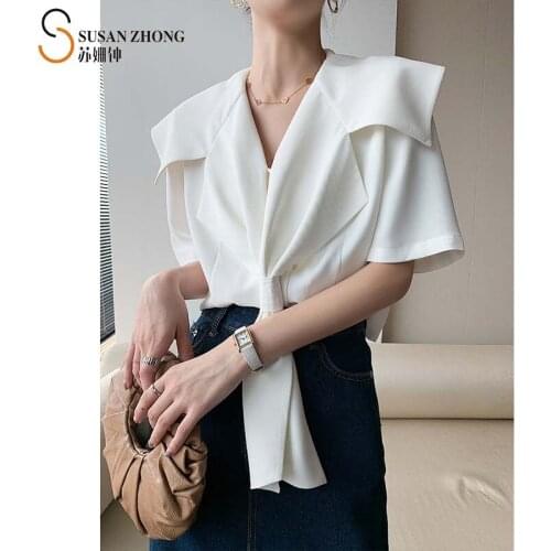 Women Shirts Short Sleeve Female Blouse Summer Sailor Collar Short Crop Tops Elegant Vintage Buttons Straight Loose Black White