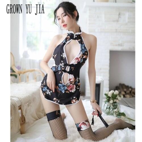 Sexy maid uniform temptation Erotic backless cheongsam dress Stockings set porno french maid uniforms sex lingerie hot Babydoll