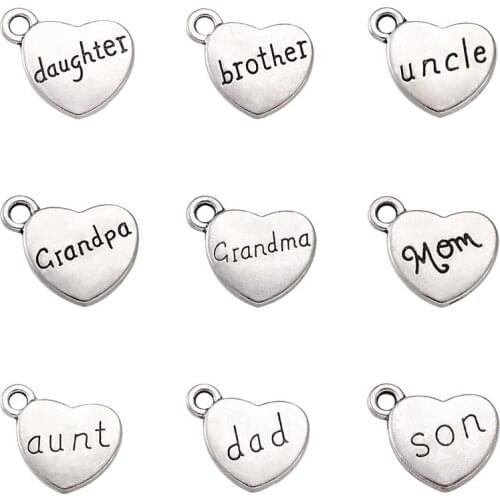 Family Theme Tibetan Style Alloy Charms, Heart with Words, Lead Free, 13x18x3mm, Hole: 2mm; 10pcs/set F70