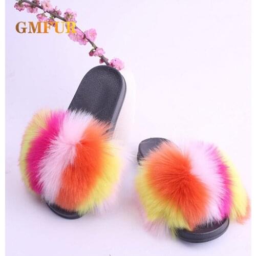 Faux Fur Slides Women Summer Indoor Home Luxury Flat Colored Furry Slippers Outdoor Multicolor Sandals Couple Flip Flops Shoes