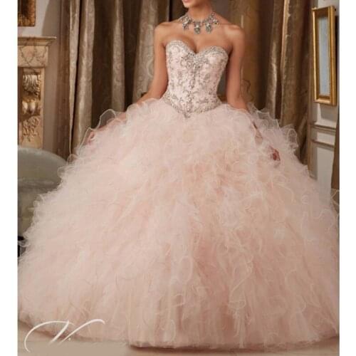 Light Pink Sweet 16 Dress Quinceanera Dresses Sleeveless Ball Gown Ruffles Beading Sequin Lace Up Cheap Birthday Party Wear