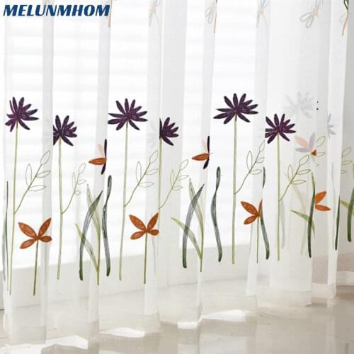 Fresh American Country Childhood Embroidery Dragonfly Sheer Curtains for Livng Room European White Flax Tulle Fabrics Drapes