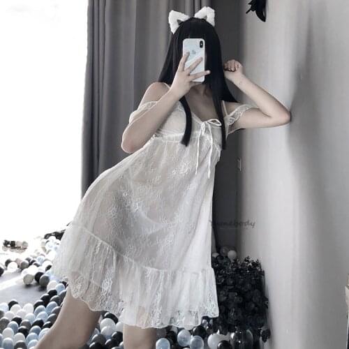 Japanese Princess Sleeping Dress Lace Sexy White Nightdress V-neck Mesh Nightwear Sweet Lace Suspender Nightdress