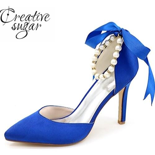 Creativesugar satin pointed toe D'orsay woman shoes with pearl ankle strap ribbon bridal wedding party prom pumps lady elegant