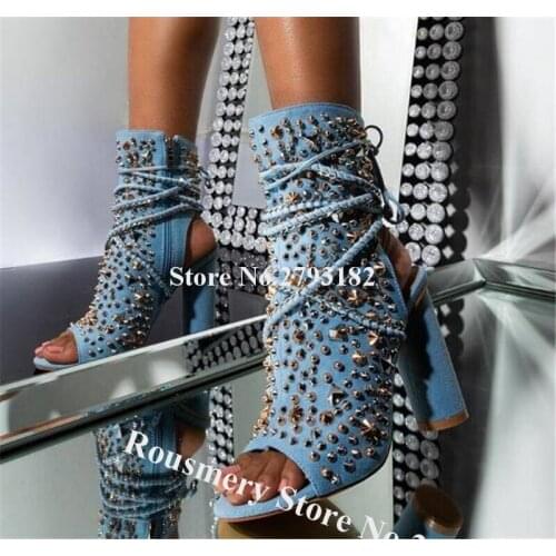 Western Fashion Peep Toe Blue Denim Rivets Chunky Heel Short Gladiator Boots Straps Cross Spike High Heel Ankle Booties