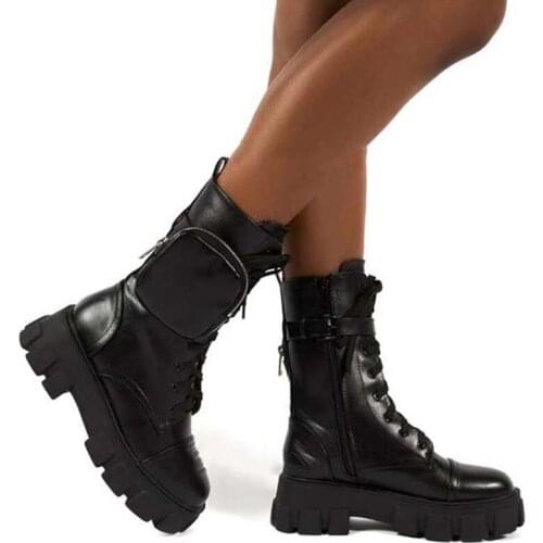 New Woman Platform Motorcycle Boots Black Thick Bottom Women Chunky Heel Fashion Female Boots Women Belt Designer Shoes Women