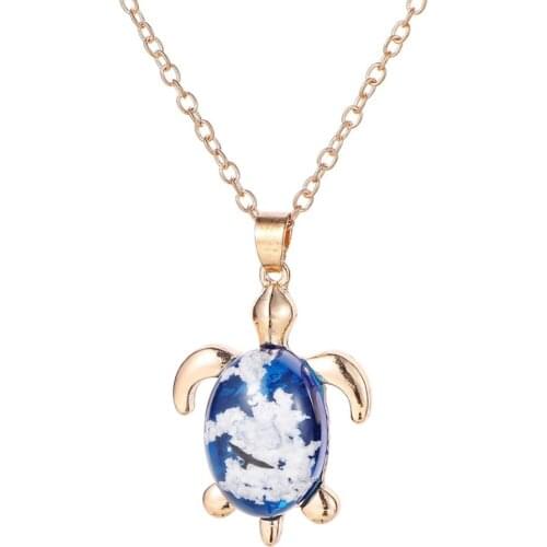 Lovely Sweet Turtle Pendant Necklace For Women Girls Round Water Drop Shaped Blue Sky White Clouds Eagle Pattern Resin Necklace