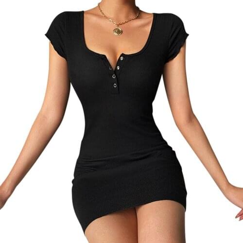 Women Short Sleeve Buttons Dress Summer Fashion Solid Color Dress for Ladies Girls