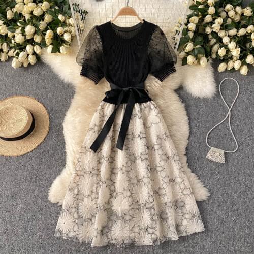 Summer New Fashion Vestidos Female Round Neck Fake Two-piece Splicing Age-reducing Puff Sleeve Mesh Midi Dress DK492