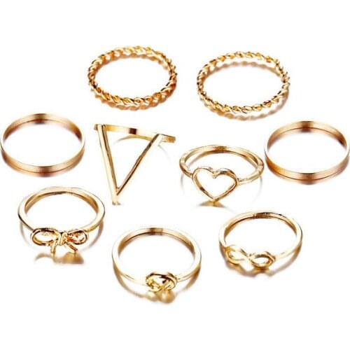 Fashion Vintage Simple Hollow Out Love Heart Bowknot Ring 9pcs Womens Ring Set