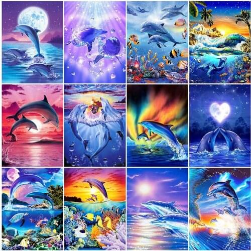 HUACAN Diamond Embroidery Animal Full Square Drill Diamond Mosaic Dolphin Picture Rhinestone Diamond Painting Home Decoration
