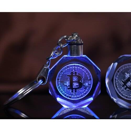Crystal Bitcoin Keychain Laser Engraved Key Ring Colorful LED Light Key Chain Motorcycle Hanging Pendant Souvenir Gift