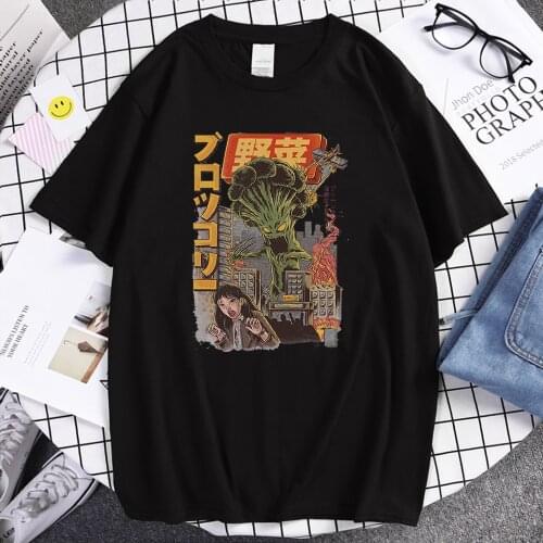 Brocolin Monster Attack Humman Japanese Style Prints T shirt Brand Korean T Shirts Oversized Loose Top Crewneck mens T-shirts