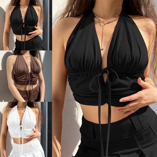 K3NF Women Summer Sexy Halter Backless Crop Top Deep V-Neck Ruched Slim Camis Vest Lace-Up Drawstring Harajuku Sleeveless Shirts