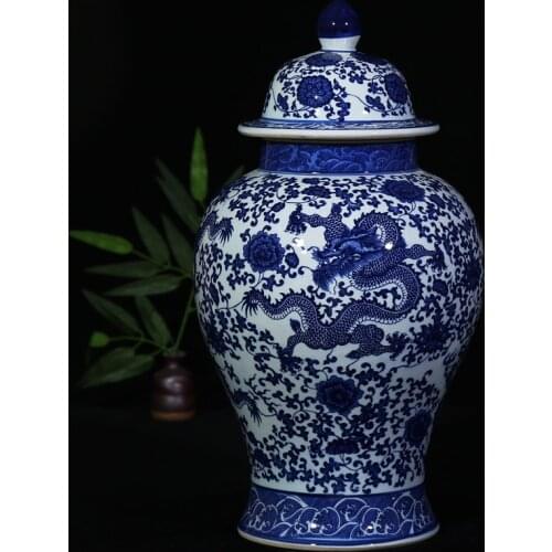 Chinese Antique Dragon/Flowers Design Tall Blue And White Ceramic Porcelain Ginger Jars