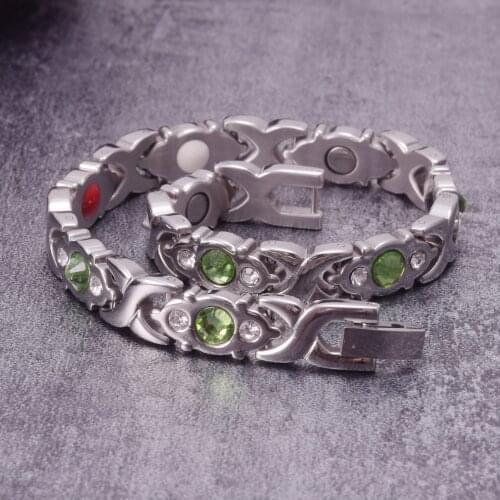 Magnetic Bracelets for Women Green Crystals Cross Stainless Steel Bracelet Women Therapy Arthritis Healing Energy Bracelet