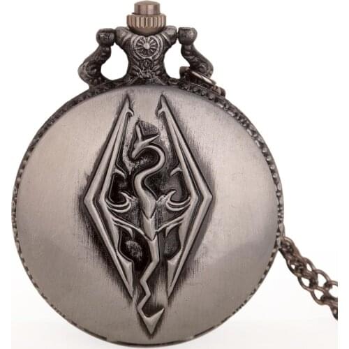 New Style Grey The Elder Scrolls Skyrim Dragon Pendant Pocket Watch Antique Style Retro Chain Necklace Men Women Gift