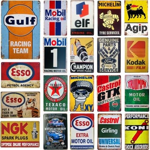 Shabby Chic Vintage Metal Tin Signs Gulf Esso Agip Man Cave Plate Motor Oil Garage Wall Stickers Gas Decor Plaque