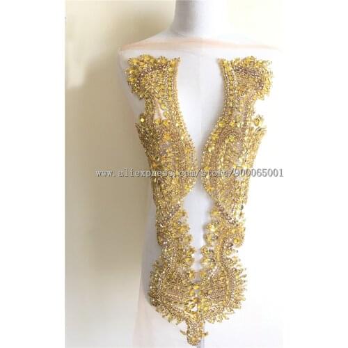 Deluxe 3D Luxury Bridal Gown Gold Rhinestones crystal bodice applique Decorative Patch Bridal Long Trim Patch for wedding Dress