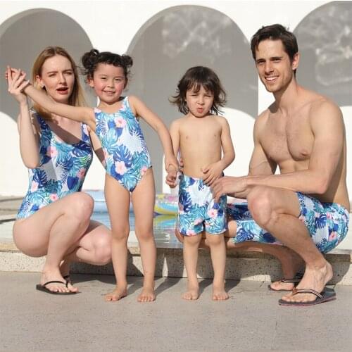 Family Matching Look Leaf One Piece Swimsuits Summer Beach Baby Boys Man Shorts Swimming Trunks Blue Swimwear 0-9 Years Kids