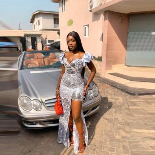 Silver Sexy Prom Dress With Split One Shoulder Sweetheart Cap Sleeves Sequins And Lace Party Dress For Black Girls Vestidos