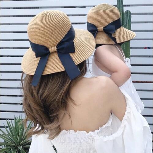 Parent-child wear summer childrens bow sun hats men and women dome sunscreen kids beach sun hats fedora hats