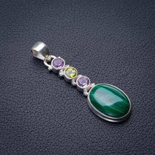 StarGems Natural Malachite，Peridot And Amethyst Handmade 925 Sterling Silver Pendant 2" E0376