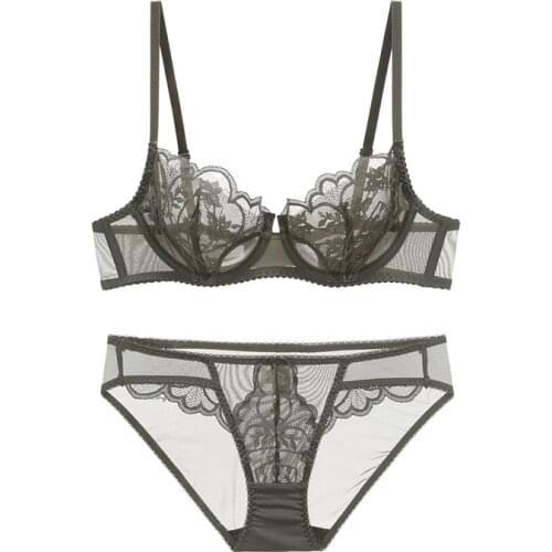 Europe America Plus Size Lingerie Set Unlined Full Lace Coverage Bra With Bowknot Ultrathin Floral Panty Underwire Sexy Bralette