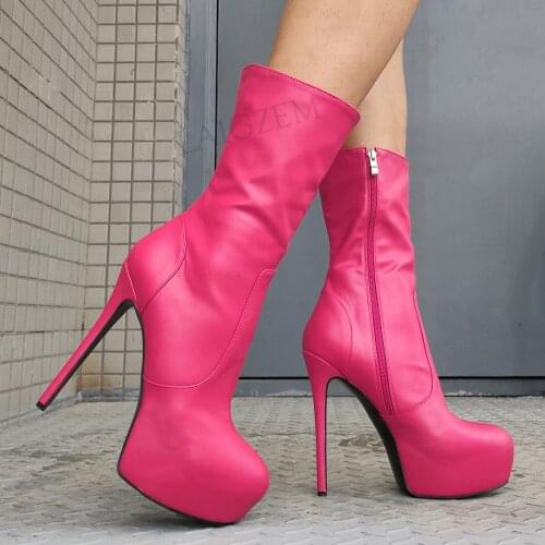 LAIGZEM Women Calf Boots Platform Round Toe Side Zip Up Stiletto High Heels Zapatos Mujer Unisex Shoes Woman Big Size 41 43 52