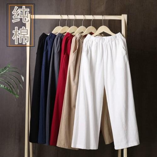 Women Pants Cotton Linen 2021 Cropped Pants Elastic Waist Straight High Waist Casual Pants Summer Pantalones De Mujer