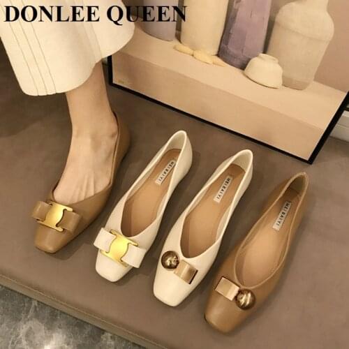 Women Shoes Flats Ballet Square Toe Slip On Casual Loafer Soft Moccasins Brand Metal Buckle Ballerina Shoes Female Zapatos Mujer
