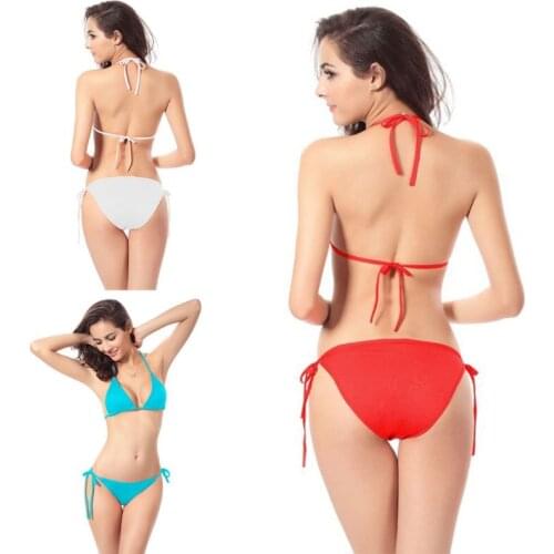 Women Sexy 2 Piece Bikini Set Halter String Triangle Micro Brazilian Swimsuit Tie Side Bottom Thong Solid Candy Color Suit
