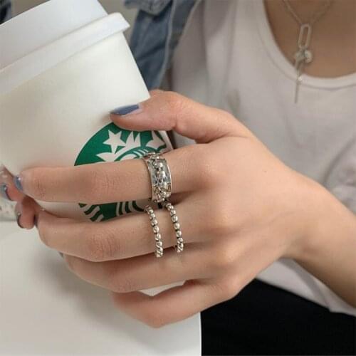 Retro Double Bead Hollow Index Finger Opening Rings For Women Simple Ins Hip Hop Wind Fine Jewelry Gift 411