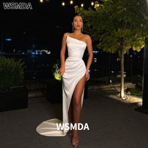 2021 Sexy White Prom Dresses with High Split Satin Evening Gowns for Wedding Party Formal Dress