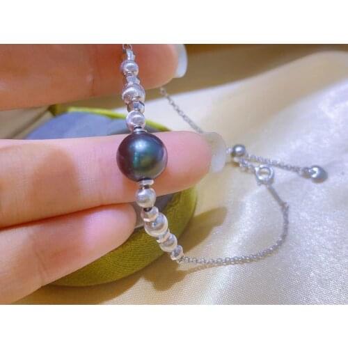 925 Sterling Silver 9-10mm Big Size Real Black Tahiti Pearl Bracelet Jewelry Nice Party Wedding Gift