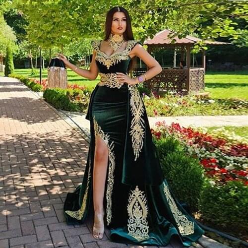 Velvet Evening Dress Long Luxury 2021 Removable Skirt Arabic Split Prom Gowns Appliques Lace Tassel High Neck Algerian Outfit