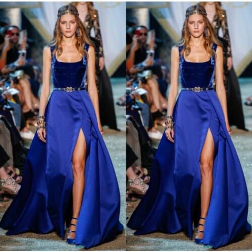 Velvet Prom Dresses High Side Split A Line Square Neck Evening Gowns Custom Made Designer Formal Dresses