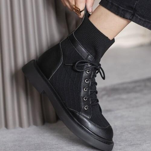 Genuine Leather Women Boots Platform Shoes Retro Lace-up Chelsea Boots Fashion Ankle Boots Round Toe Flat with Women Shoes