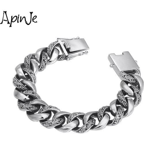 Apinje Retro Chain Bracelet 925 Sterling Silver Men Fashion Thai Silver Man Jewelry Male Big Heavy Bracelets
