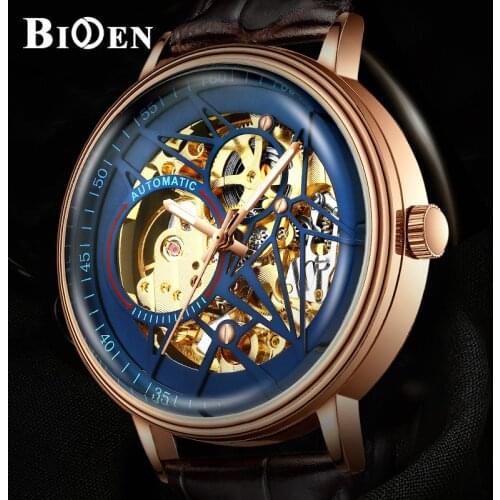 Automatic Mechanical Watches Men Watch Luxury Black Gold Skeleton Reloj Self Winding Brown Royal Male Clock BIDEN Heren Horloge