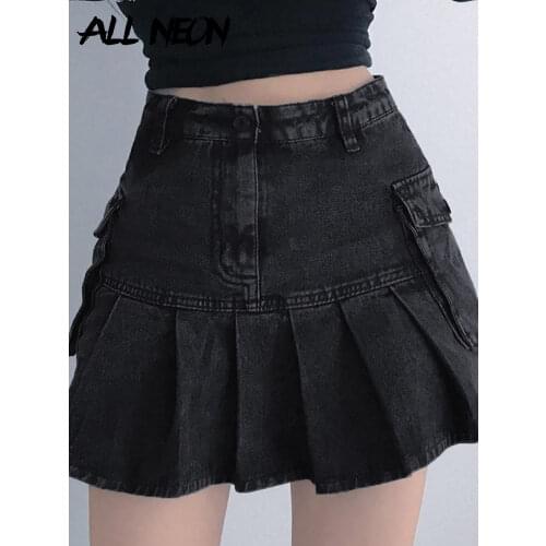 ALLNeon Mall Goth High Waist Jean Skirts Y2K Aesthetics Black Denim Pleated Skirts with Big Pockets Punk Style E-girl Outfits