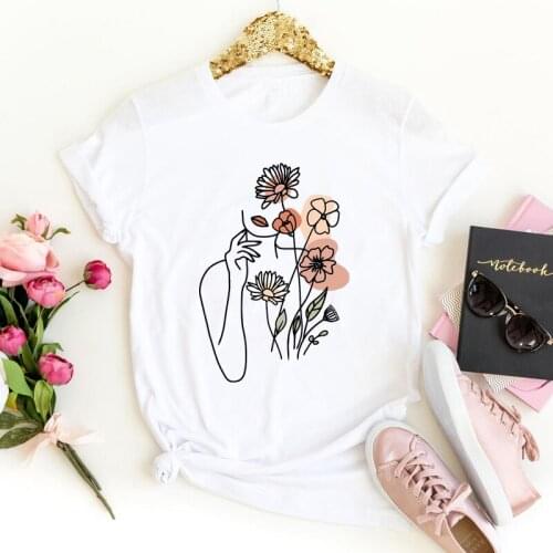 Colored Flower Woman 100% Cotton T-shirt Aesthetic Hipster Art Top Tee Shirt Vintage Women Boho Botanical Wildflower Tshirt