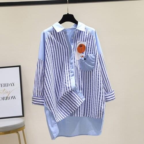 Cotton Linen Blue Striped Straight Women Shirts Summer New 2021 Pocket Loose Casual Oversized Female Outwear Coats Tops