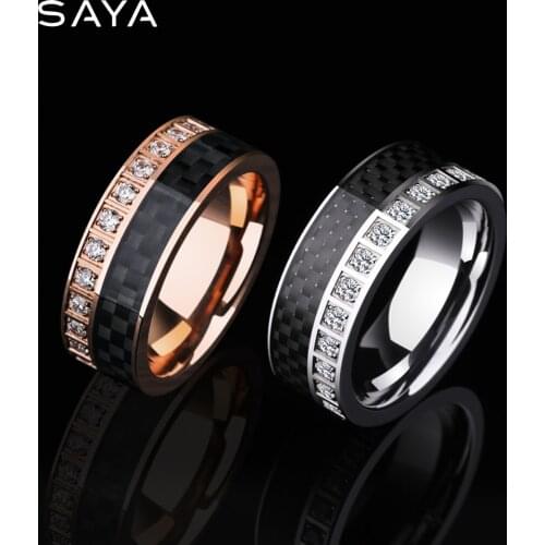 Ring for Men Women, Tungsten Rings for Engagement, Band Inlay Black Carbon Fiber and Shiny CZ Stones, Customized