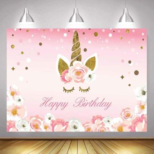 Beautiful Golden Unicorn Flowers Pink Background Girl Birthday Party Decoration Photography Studio 3D Digital Backdrop Cloth