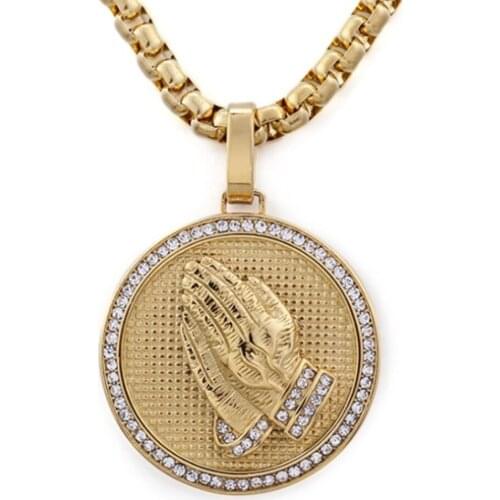 Hip Hop Gold Color Round Praying Hands Necklace Pendants For Men Women Goth Jewelry With Long Link Cain Free Shipping